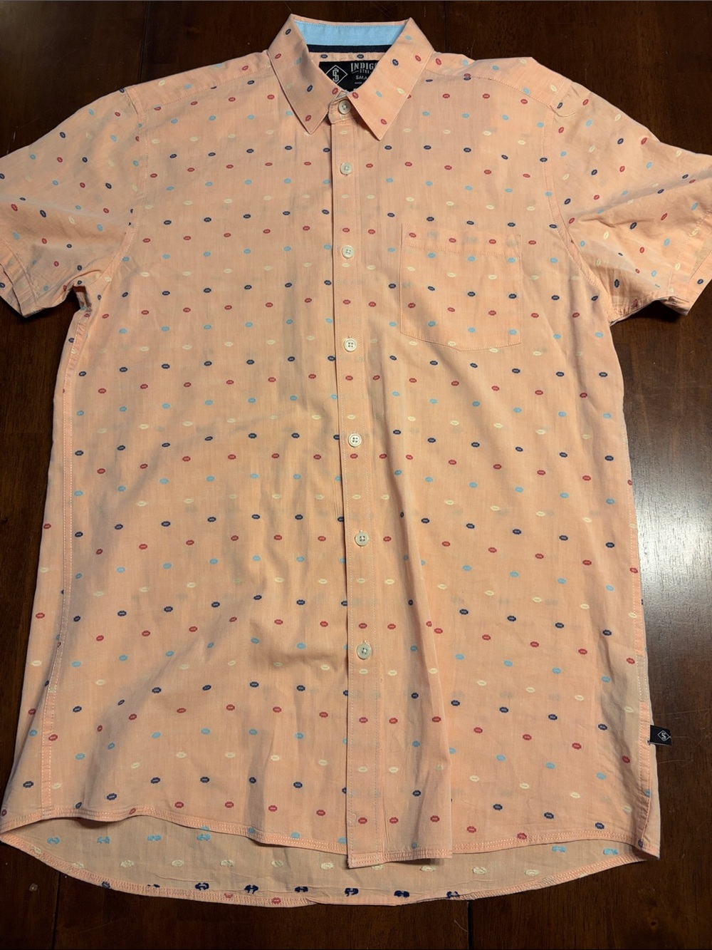Indigo Men's Peach Short-Sleeve Button-Down with Multicolor Dot Print